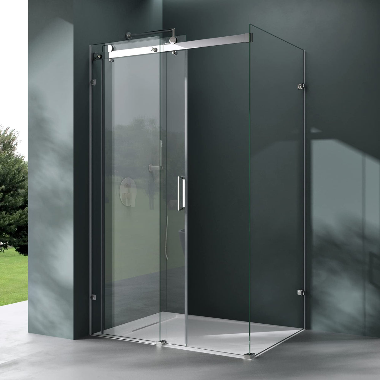 Box doccia Glasvilla con porta scorrevole angolare, in acciaio ESG da 8 mm con rivestimento NANO, supporto doccia a 4 punti Rav17-2K