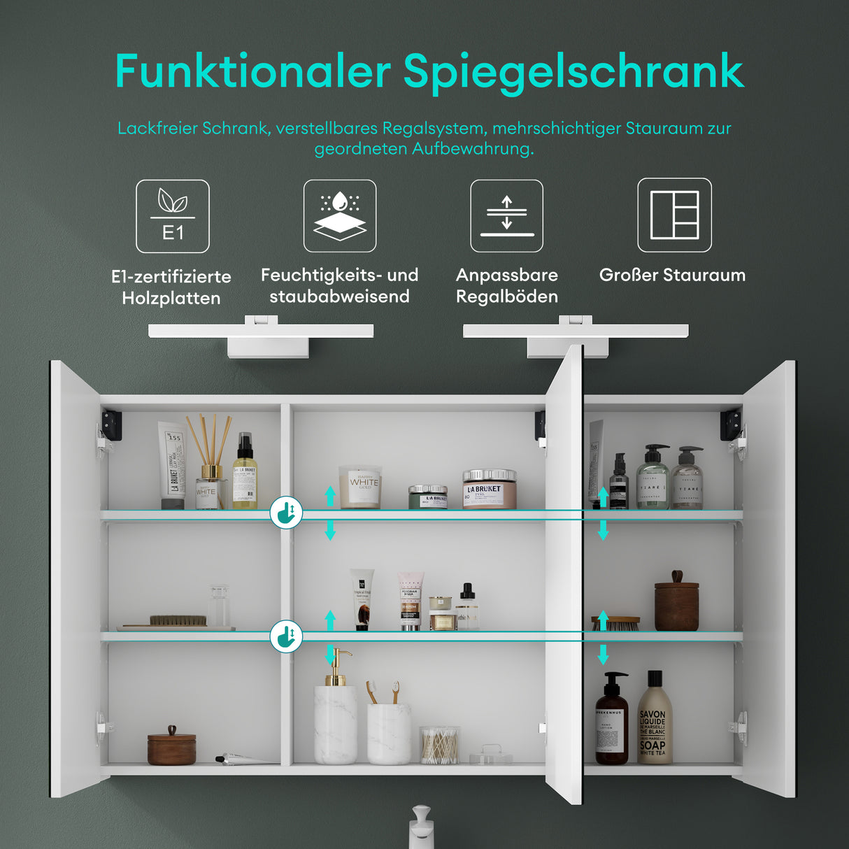 glasvilla Armadietto a Specchio con Lampada da Specchio LED per Bagno, Mobiletto da Parete per Bagno con Specchio e Luce a Specchio Spiegelschrank 02