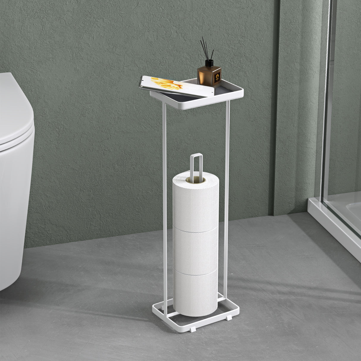 Porte-papier toilette sur pied Glasvilla avec étagère, support pour rouleau de papier toilette, 16 x 12 x 52 cm, Reglo-04