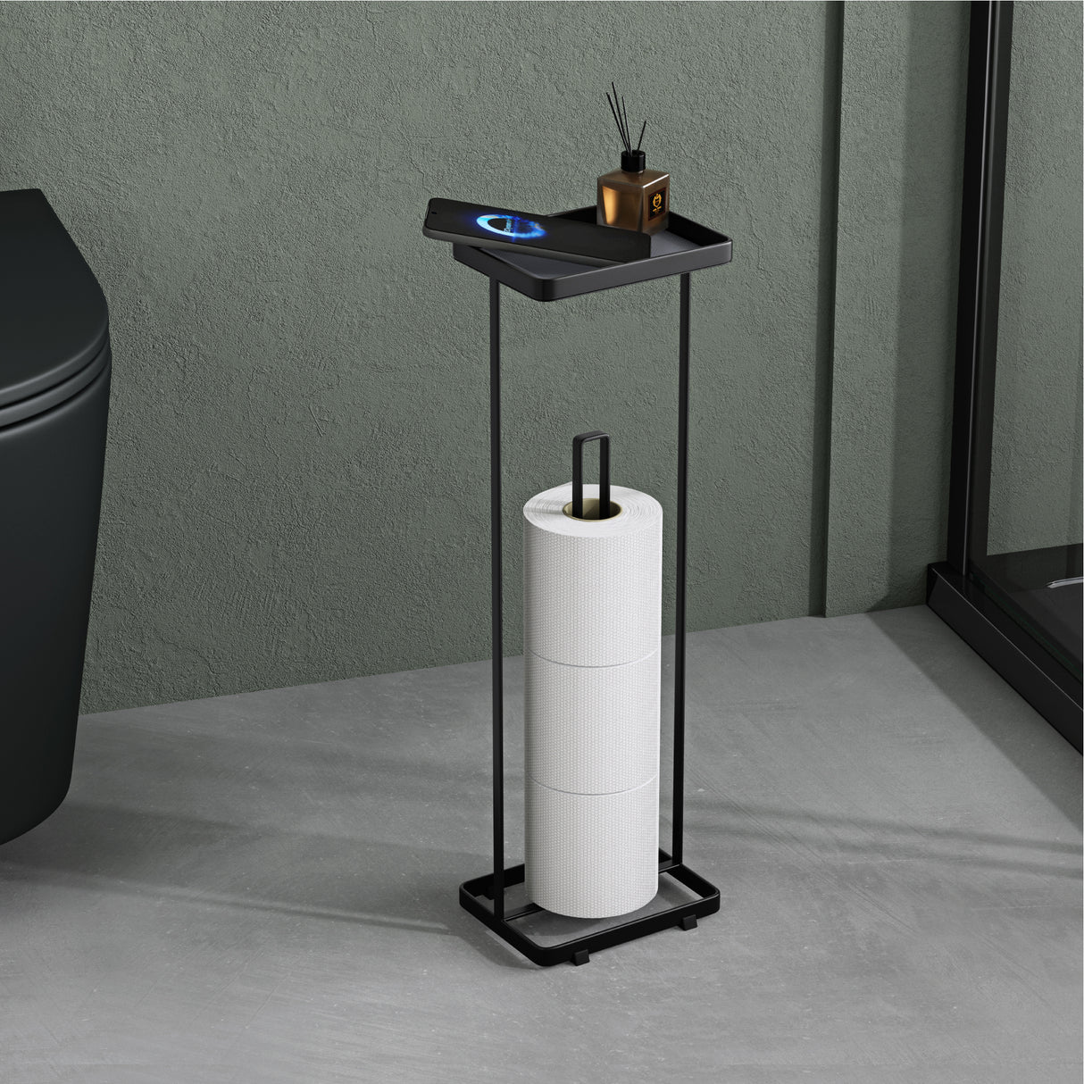 Porte-papier toilette sur pied Glasvilla avec étagère, support pour rouleau de papier toilette, 16 x 12 x 52 cm, Reglo-04