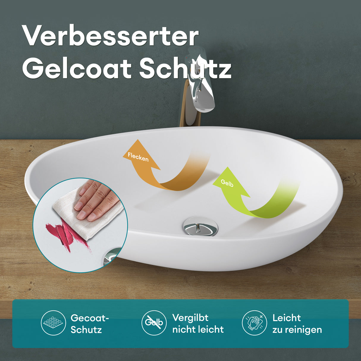 lavabo ovalado de encimera sin orificio para grifo y desagüe Col809