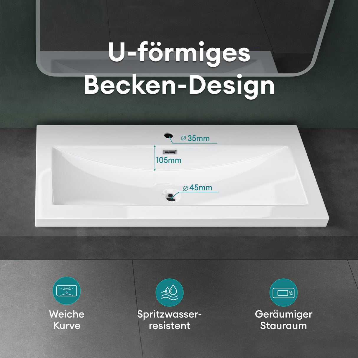 Lavabo Glasvilla Col01 Mineral Cast Rectangular con Desbordamiento y Orificio para Grifo