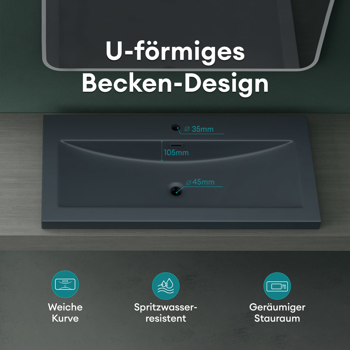Lavabo Glasvilla Col01 Mineral Cast Rectangular con Desbordamiento y Orificio para Grifo