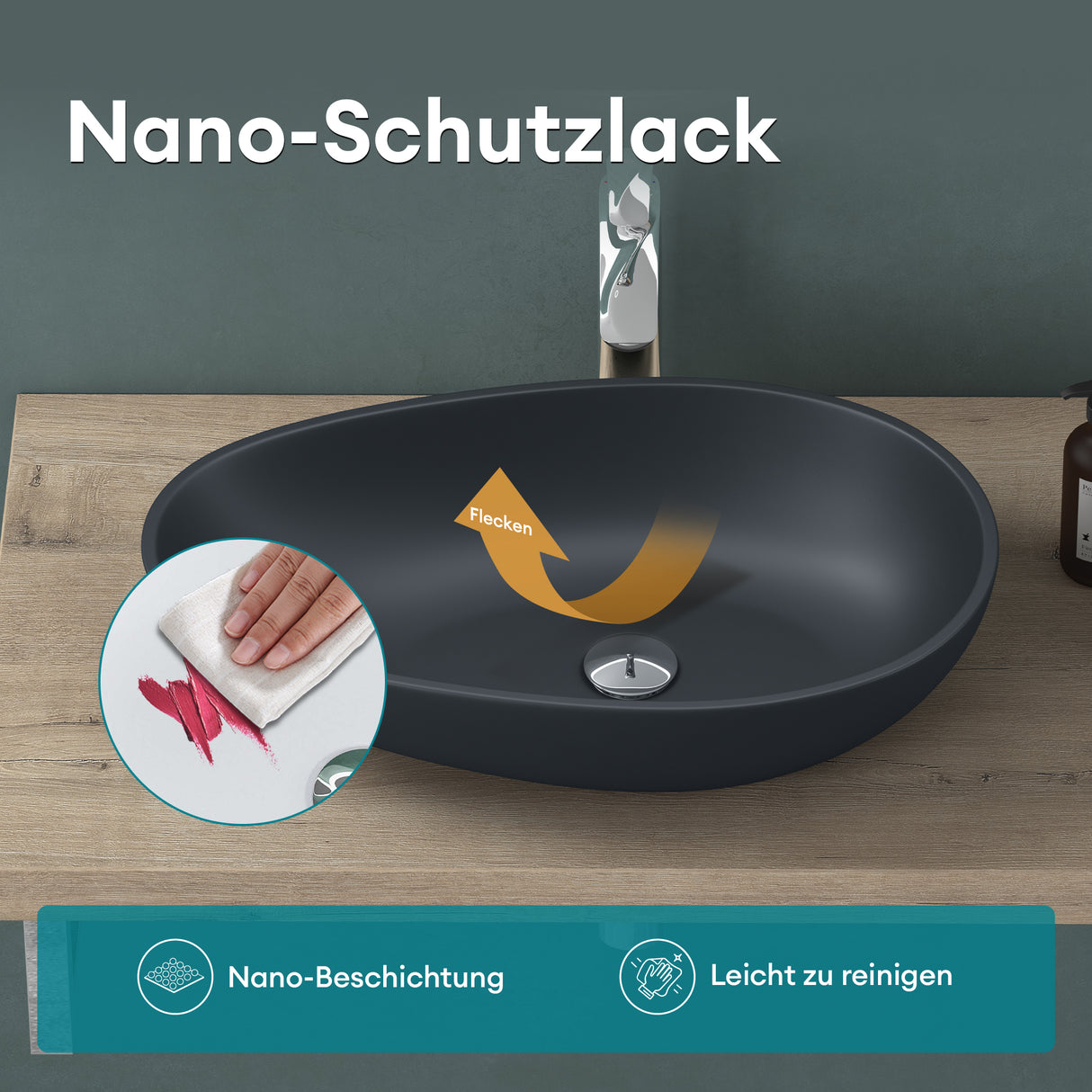 lavabo ovalado de encimera sin orificio para grifo y desagüe Col809