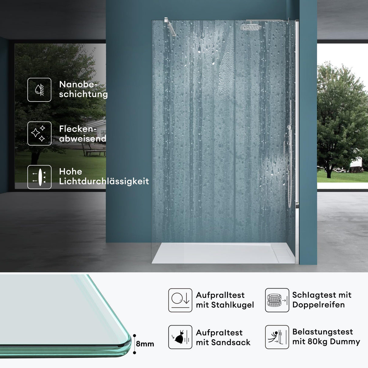glasvilla Box Doccia Walk-In in Vetro di Sicurezza ESG con Rivestimento Nano Parete Doccia in Vetro 8mm Braccio di Sostegno BRAM1 & BRAM3 Bremen1K