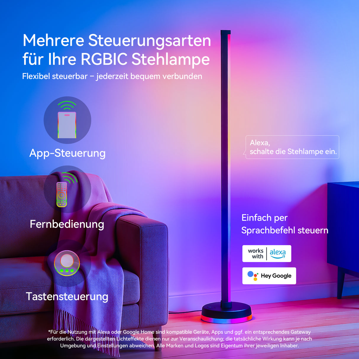 glasvilla Stehlampe Wohnzimmer Dimmbar, RGBICWW Stehlampe mit reinem Warmweiß & 16 Millionen Farben, App & Fernbedienung, Musik-Sync, 270° Licht, Timer, für Schlafzimmer Gaming, Lineora-01