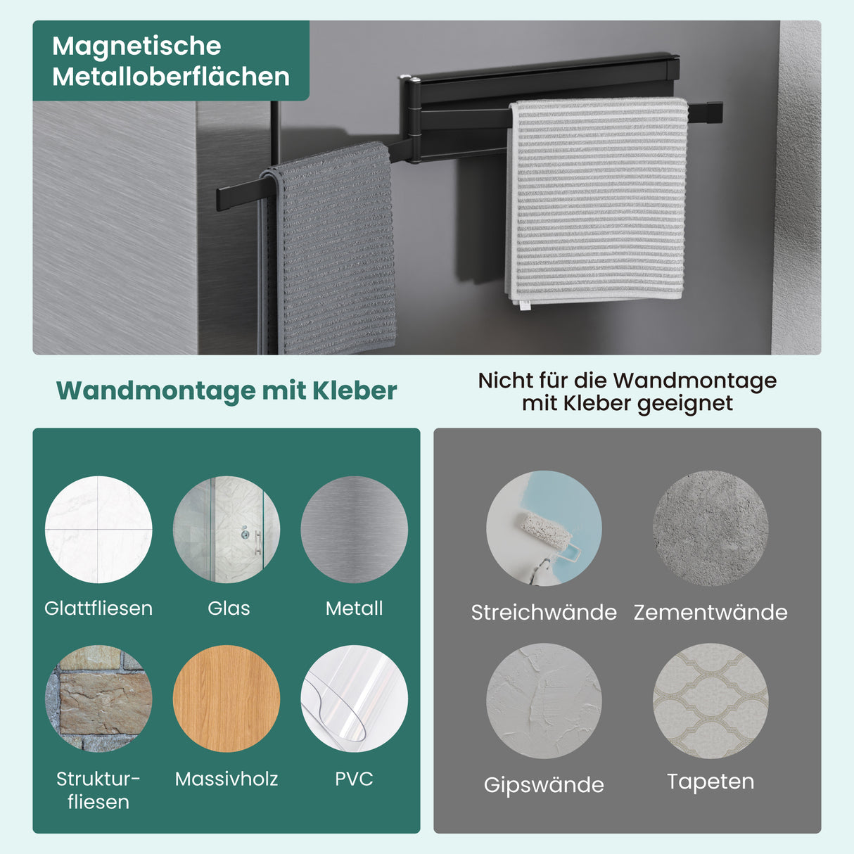 glasvilla Porta Asciugamani da Parete Portasciugamani con 3 Bracci Girevole a 180° Porta Asciugamani Adesivo da Parete per Bagno e Cucina Folda-02