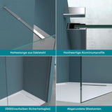 glasvilla Box Doccia Walk-In in Vetro di Sicurezza ESG con Rivestimento Nano Parete Doccia in Vetro 8mm Braccio di Sostegno BRAM1 & BRAM3 Bremen1K