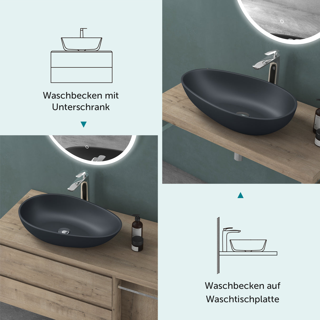 lavabo ovalado de encimera sin orificio para grifo y desagüe Col809