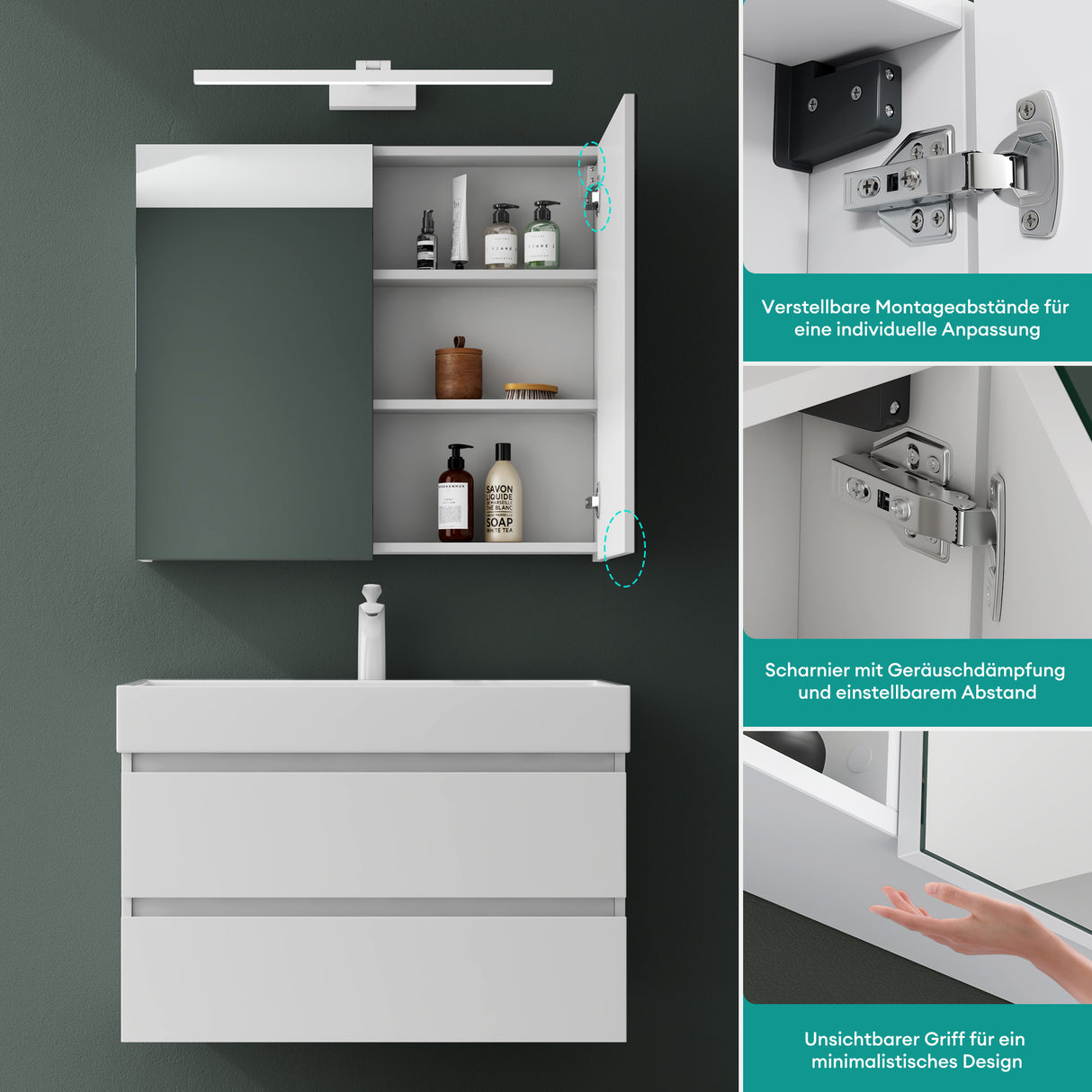 glasvilla Armadietto a Specchio con Lampada da Specchio LED per Bagno, Mobiletto da Parete per Bagno con Specchio e Luce a Specchio Spiegelschrank 02