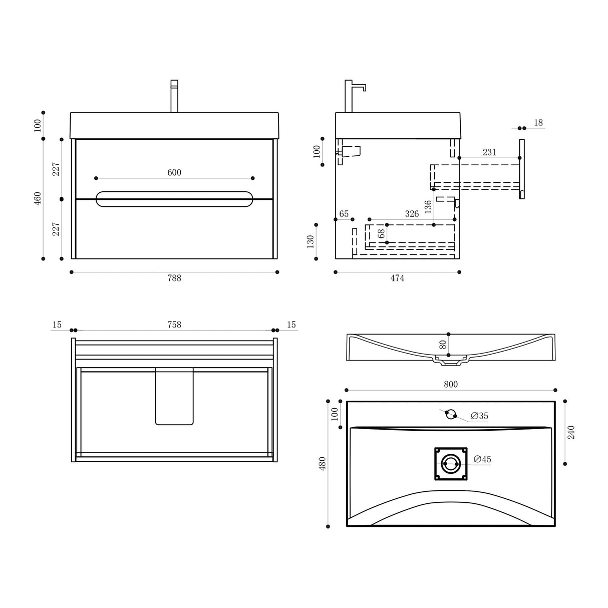 glasvilla Mobile Bagno Sospeso con Cassetti di Soft-close Mobiletto da Bagno con Lavabo da Marmo fuso Yoga