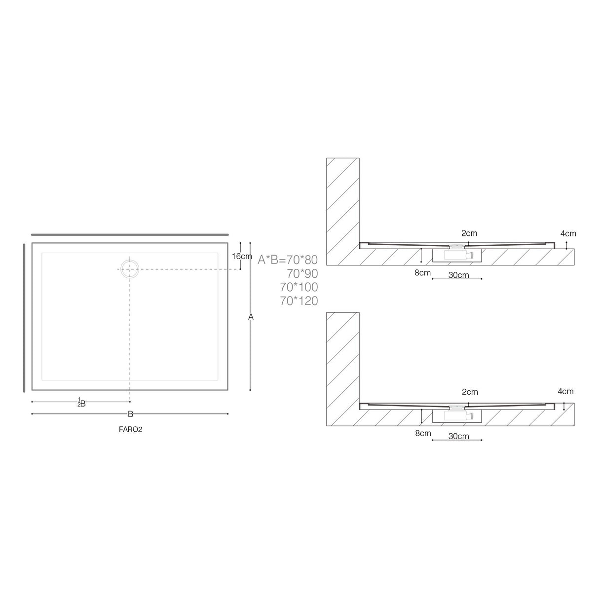 Glasvilla Design – Plato de ducha acrílico rectangular Faro (70–140 cm), montaje a ras de suelo