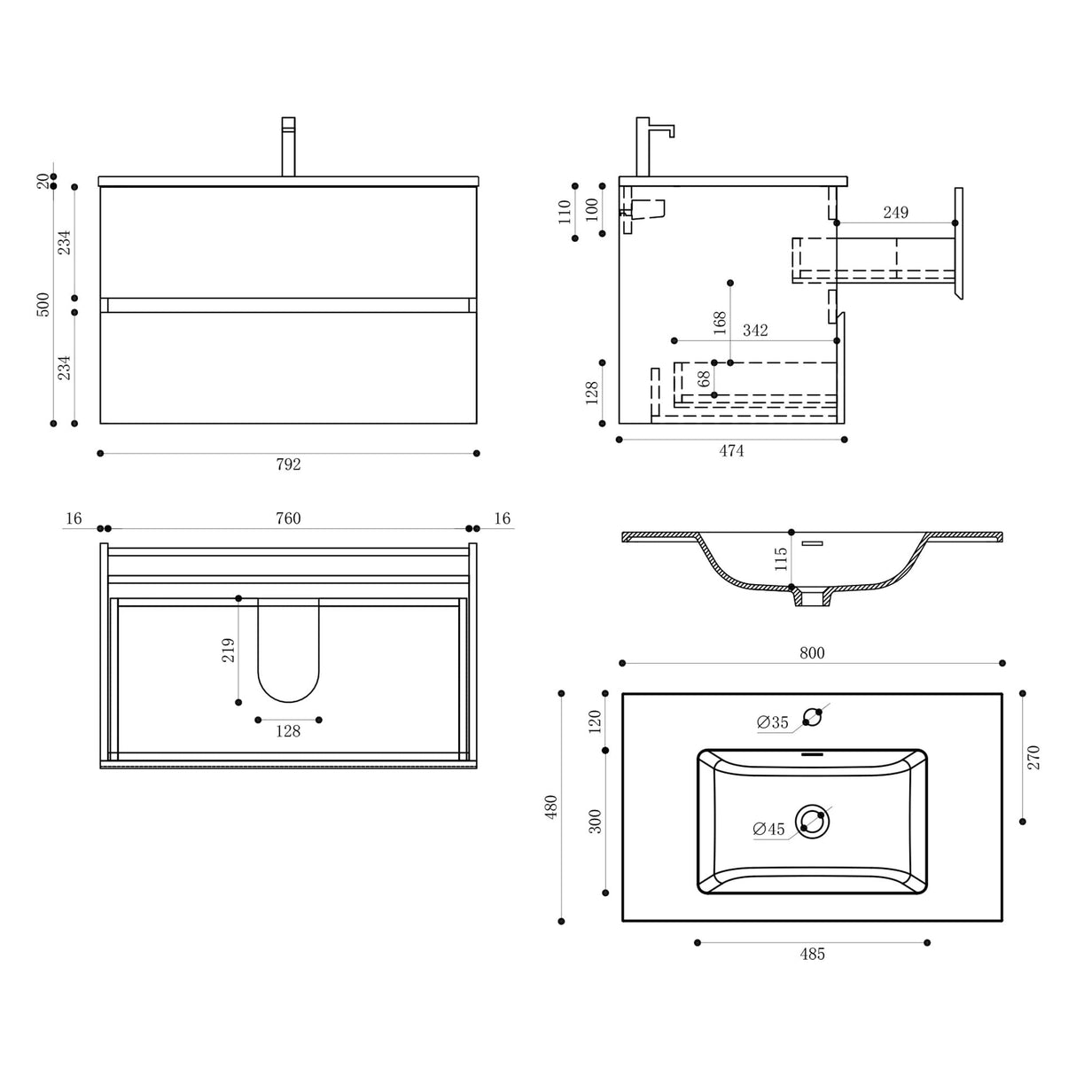 glasvilla Ensemble de Meubles de Salle De Bain Vasque avec Meuble Sous Vasque Lavabo en Solid Surface Meuble Sous Lavabo 2 Tiroirs Soft Close Aqualis