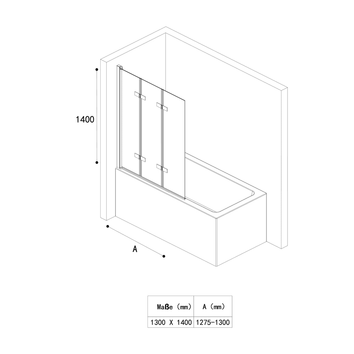 Parete doccia Glasvilla per vasca da bagno, parete vasca pieghevole 180° in vetro di sicurezza con divisorio vasca NANO 120x140cm, supporto vasca Cortona1408