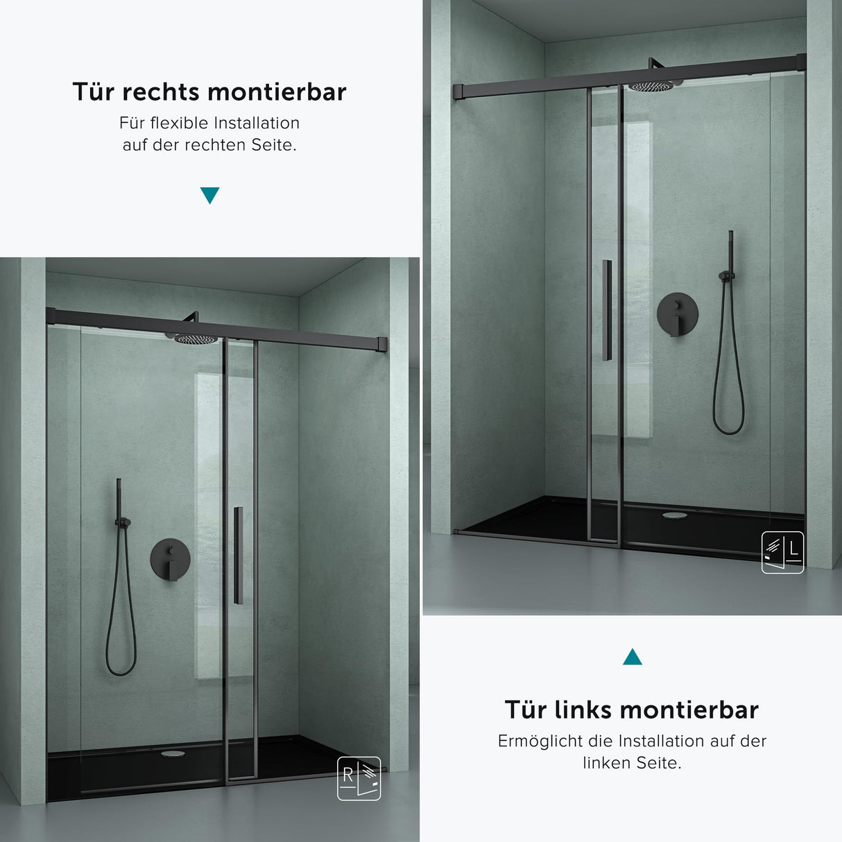 glasvilla Duschtür Nischentür dusche Duschabtrennung Chrom und Schwarz Duschkabine Nischenschiebetür 6mm ESG-Sicherheitsglas inkl. Soft-Close Teramo12K