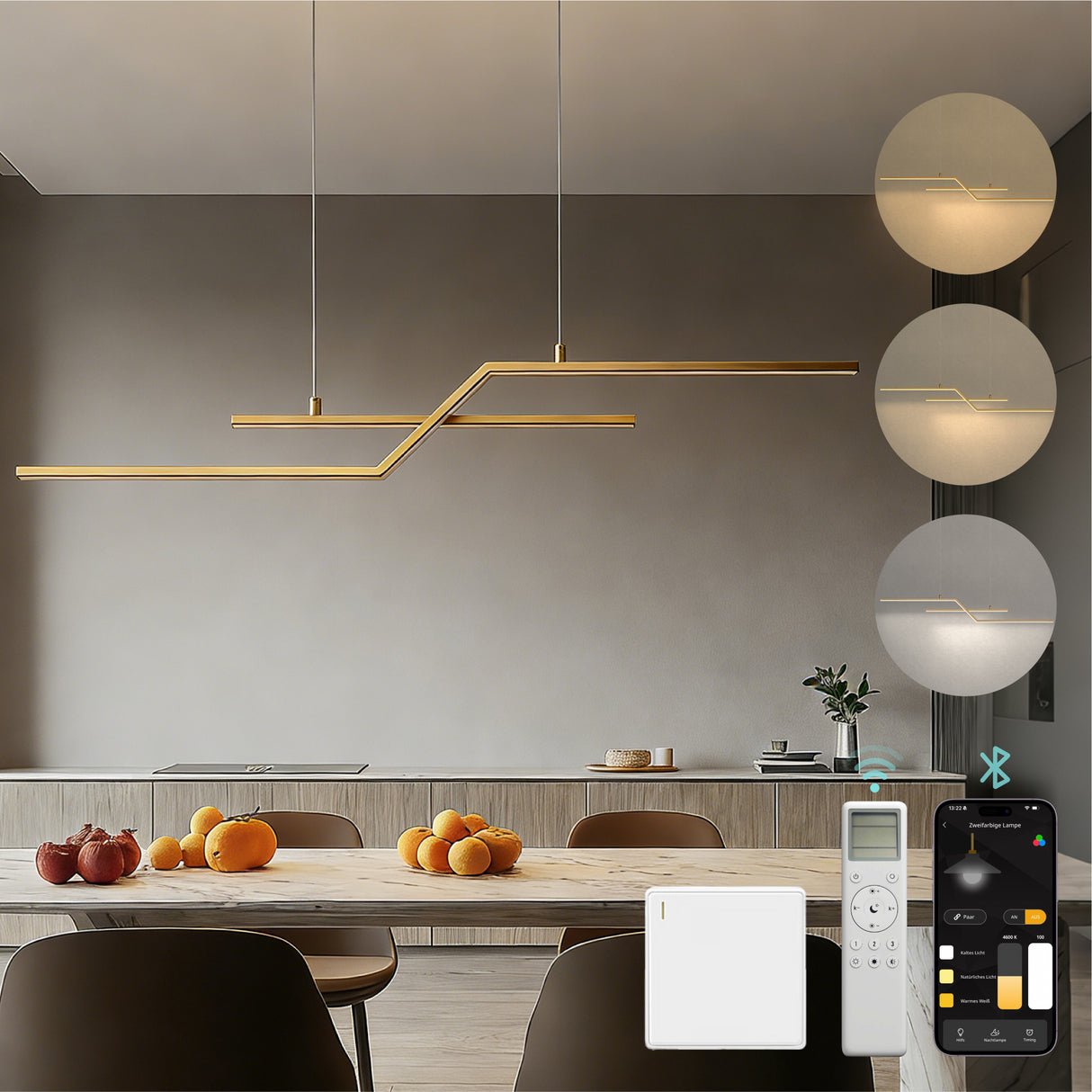Glasvilla Design – Lámpara colgante LED lineal 105 cm, 3 temperaturas de color 3000K–6000K (18W)