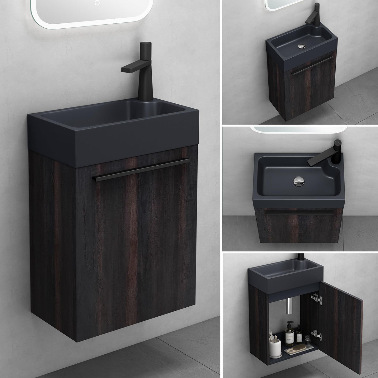 glasvilla Mobile Bagno Sospeso Include Lavabo da Minerale fuso Antracite opaco e Specchio LED Mobile da Bagno 46x26x63cm Pisa