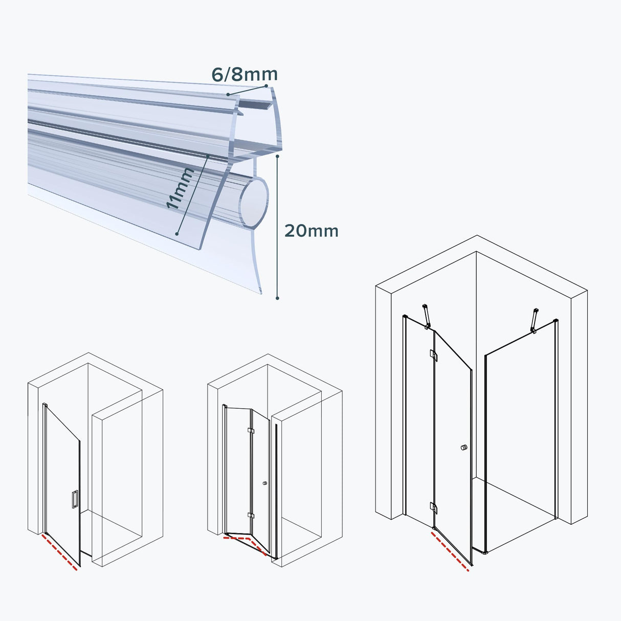 Guarnizione per doccia in PVC Glasvilla | Guarnizione per porta doccia per vetri da 6-8 mm | Guarnizione di ricambio per porte e box doccia