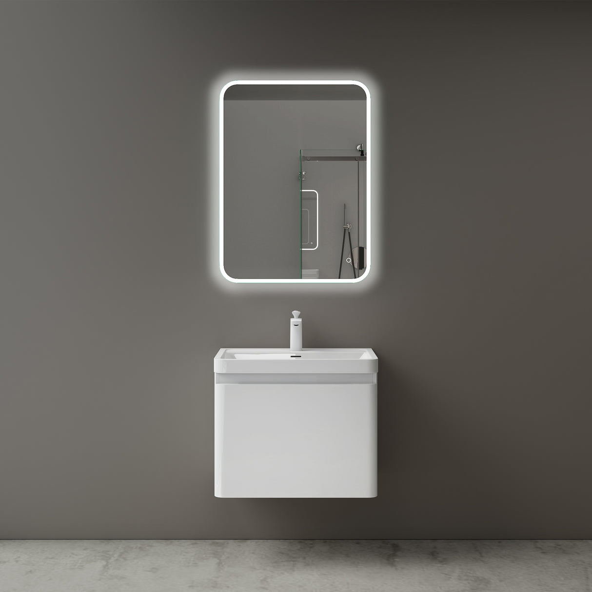 glasvilla Mobile Bagno Sospeso Mobile da Bagno con Cassetto a Chiusura Soft Close e Lavabo da Marmo fuso, Ancona
