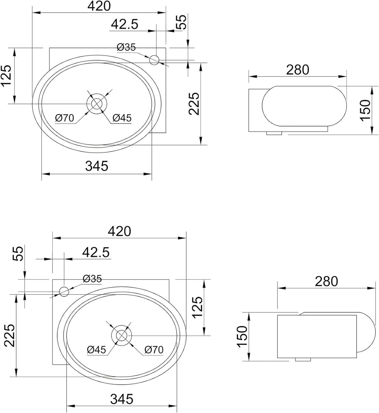 glasvilla Lavabo da Appoggio 42X28X15cm Lavabo Bagno Sospeso Lavandino Bagno in Ceramica con Nano Rivestimenti Brüssel001