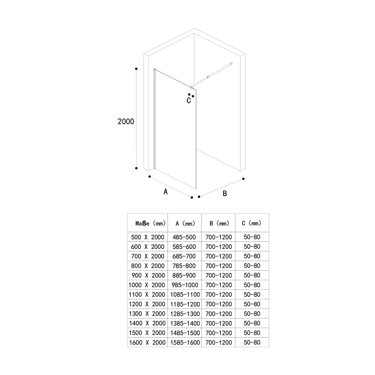 glasvilla Box Doccia Walk-In, Parete Doccia in Vetro 10mm ESG con Braccio di Sostegno e Rivestimento Nano Bremen2BL