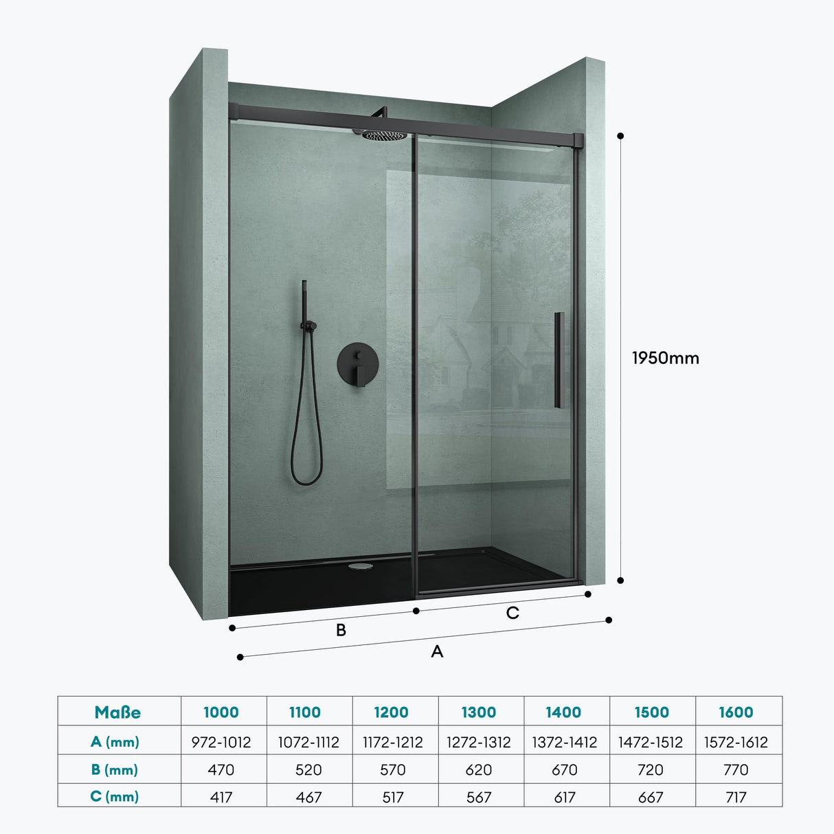 glasvilla Duschtür Nischentür dusche Duschabtrennung Chrom und Schwarz Duschkabine Nischenschiebetür 6mm ESG-Sicherheitsglas inkl. Soft-Close Teramo12K