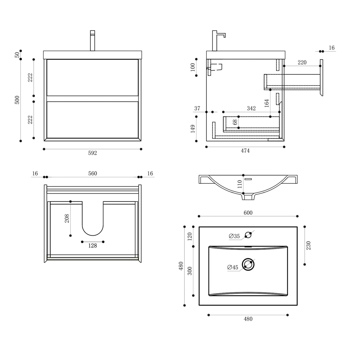 glasvilla Mobile Bagno Sospeso con 2 Cassetti di Chiusura Soft Close, Mobiletto per Bagno con Lavabo da Marmo Fuso, Lavabo da Appoggio Antracite Opaco, Rimo