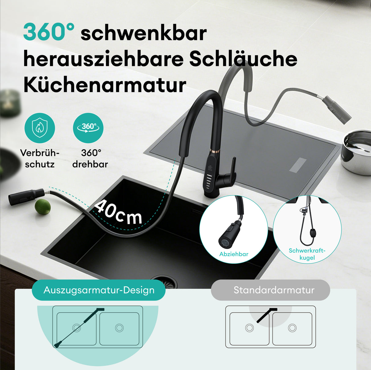 glasvilla Rubinetto da Cucina Estraibile con 3 Modalità e di Getto e Display digitale a LED Rubinetto per Lavello con Tubi e Accesorri Ruotabile a 360° MS-8085