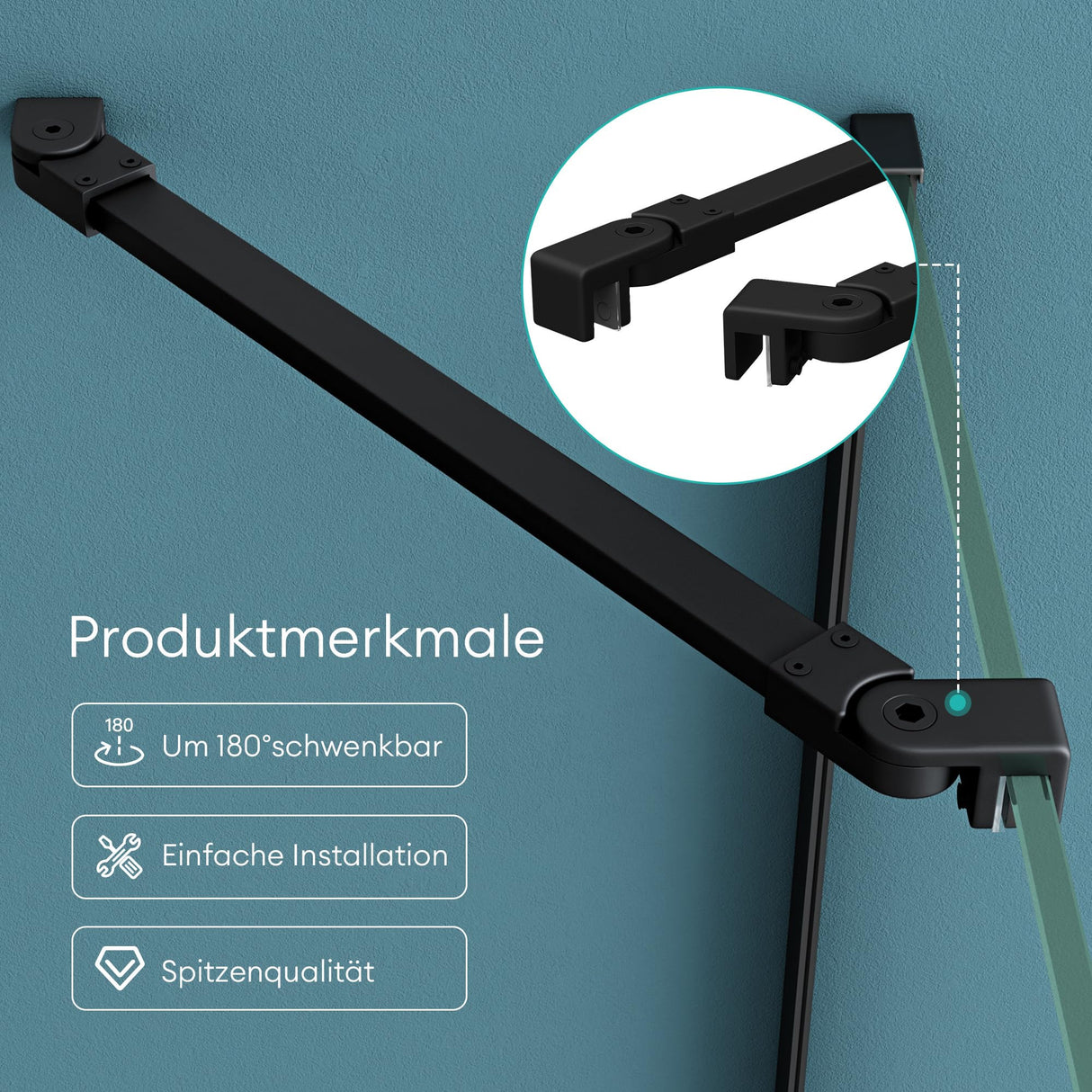 Maniglione di sostegno Glasvilla per doccia, parete divisoria per doccia, parete in vetro per doccia | Stabilizzatore per doccia walk-in | Rotazione a 180° per spessori del vetro da 6 a 10 mm