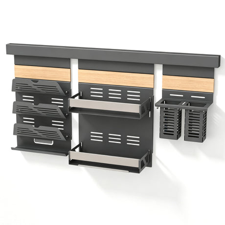 glasvilla Porta Spezie con Supporto per Cellulare o Porta Rotolo, Porta Coperchi a 3 Livelli e Porta Mestoli con 5 Ganci da Cucina, da Appendere con Guide, Reglo-09-12