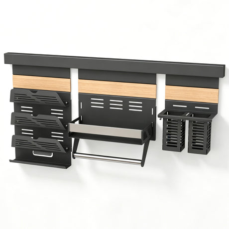 glasvilla Porta Spezie con Supporto per Cellulare o Porta Rotolo, Porta Coperchi a 3 Livelli e Porta Mestoli con 5 Ganci da Cucina, da Appendere con Guide, Reglo-09-12
