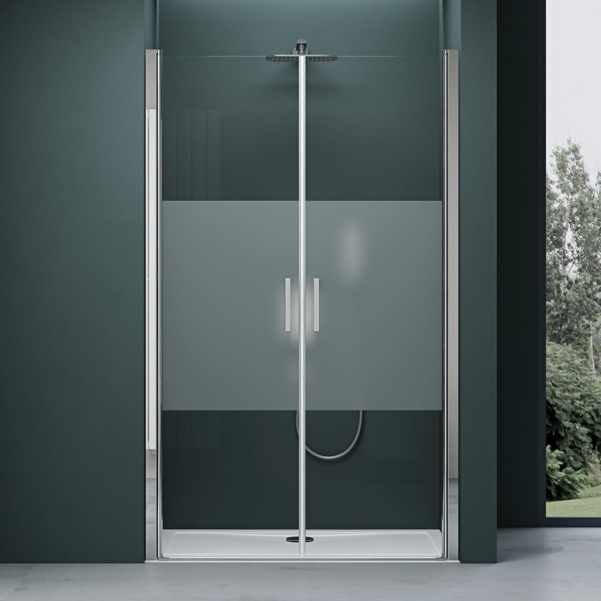 glasvilla Duschtür Nischentür dusche Duschabtrennung Duschkabine Schwingtür 180° Doppeltür 6mm ESG Nano-Beschichtung Klarglas/Satiniert Streifen/Vollsatiniert mit Hebe- und Senkmechanismus Teramo24K+MS+VS
