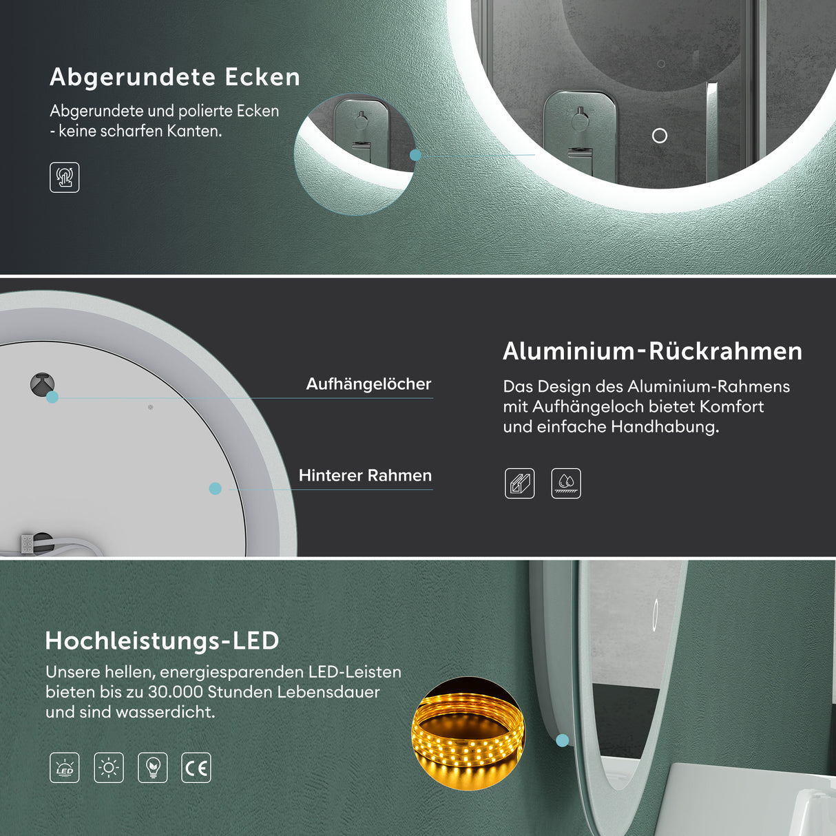 glasvilla Specchio da Bagno Appeso Specchio a LED Rotondo Specchio da Parete con Strato Anti-Appannamento e Interruttore a Sfioramento LED-Spiegel 05