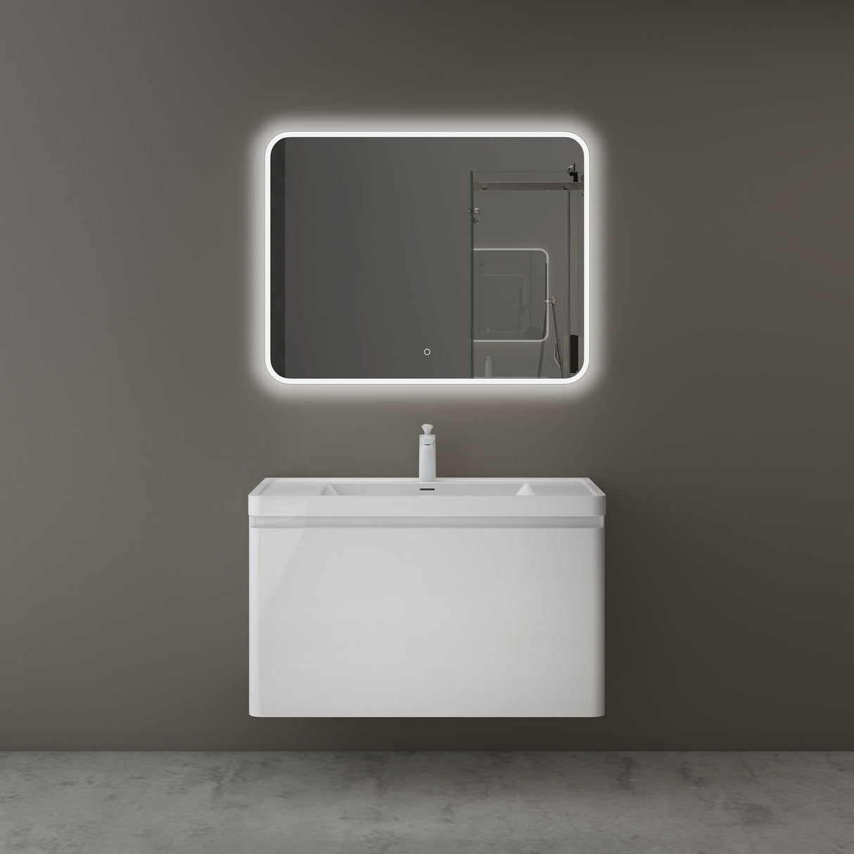 glasvilla Mobile Bagno Sospeso Mobile da Bagno con Cassetto a Chiusura Soft Close e Lavabo da Marmo fuso, Ancona