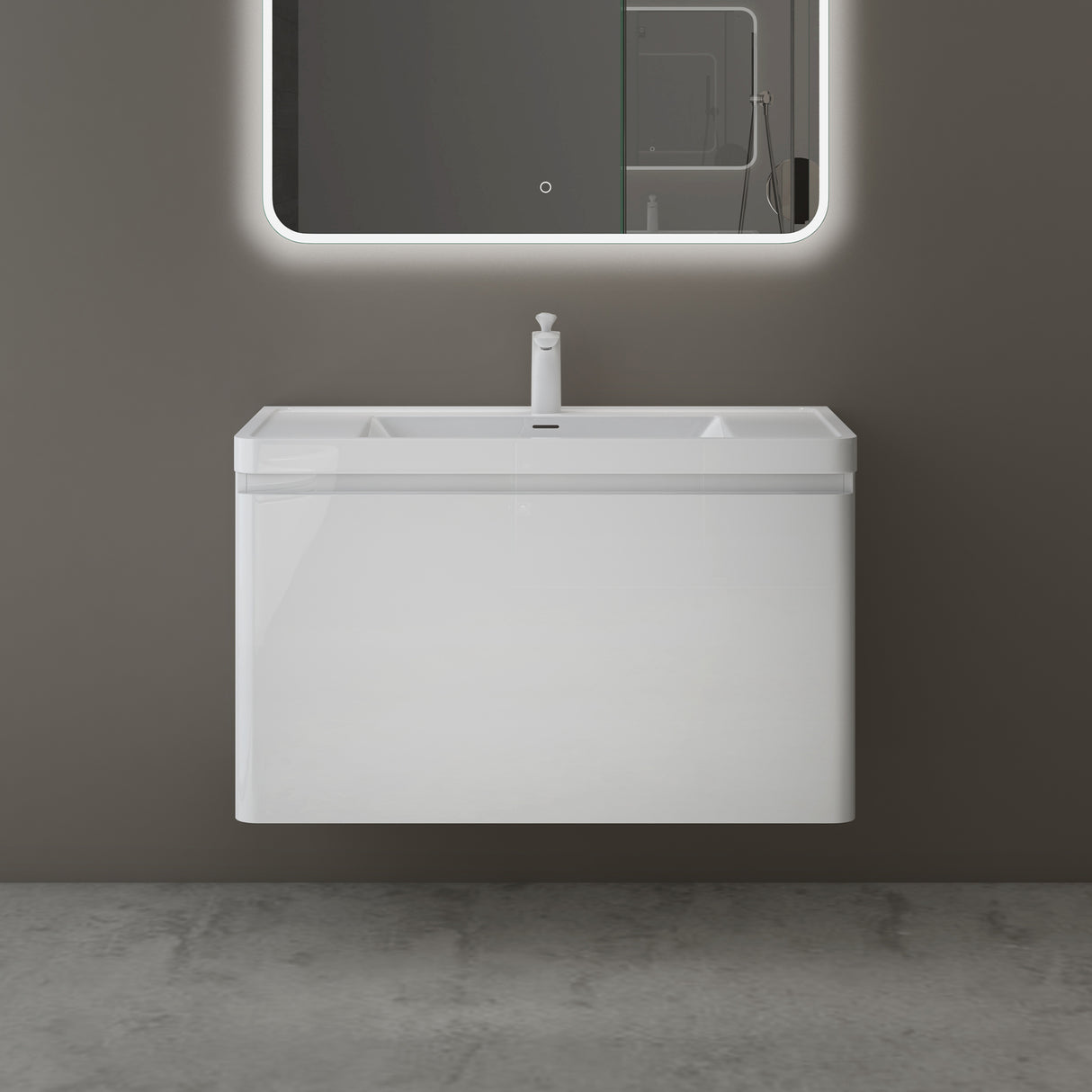 glasvilla Mobile Bagno Sospeso Mobile da Bagno con Cassetto a Chiusura Soft Close e Lavabo da Marmo fuso, Ancona