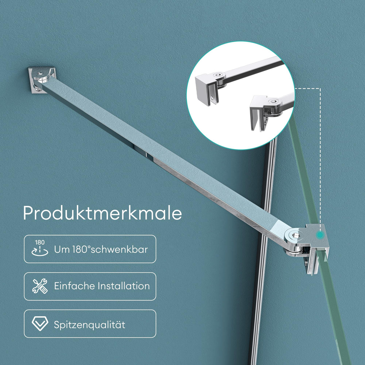 Maniglione di sostegno Glasvilla per doccia, parete divisoria per doccia, parete in vetro per doccia | Stabilizzatore per doccia walk-in | Rotazione a 180° per spessori del vetro da 6 a 10 mm