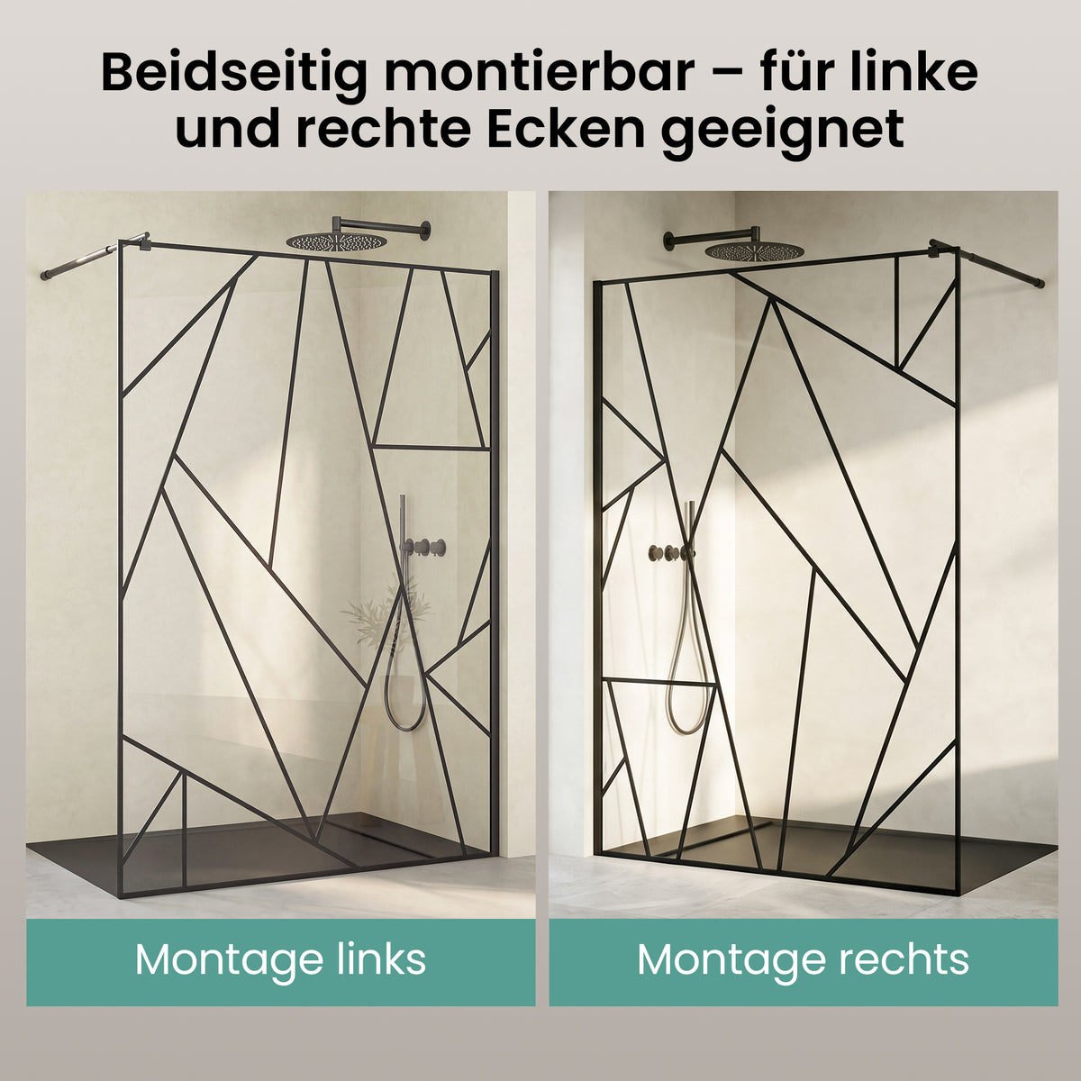 glasvilla Duschwand für Dusche Duschabtrennung  Walk-In Dusche  Duschtrennwand Schwarz 8mm ESG-Sicherheitsglas NANO Klarglas mit geometrischem Design MMBR3 Bremen01Plus-GM