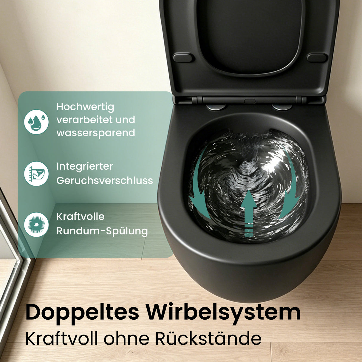 Glasvilla Design Inodoro Suspendido Negro Sin Borde Aachen179 – WC con Asiento Soft-Close