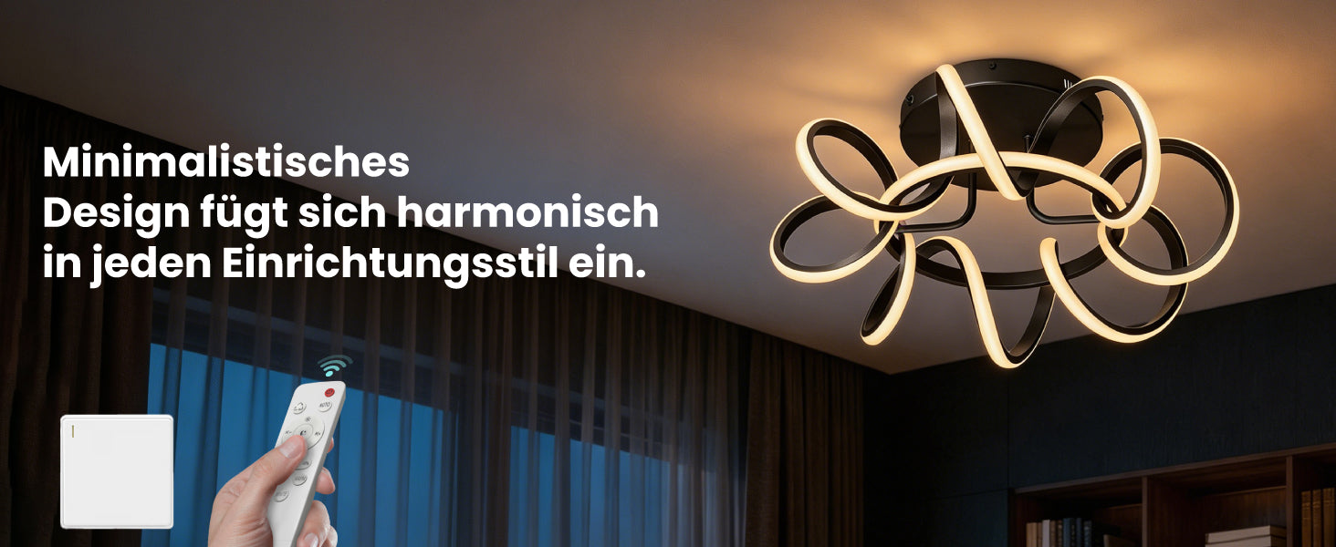 glasvilla Deckenlampe, dimmbar 3000-6400K,mit Fernbedienung | LED Deckenleuchte,112W Schwarz,Moderne,für Schlafzimmer, Wohnzimmer, Kinderzimmer Nuvora06