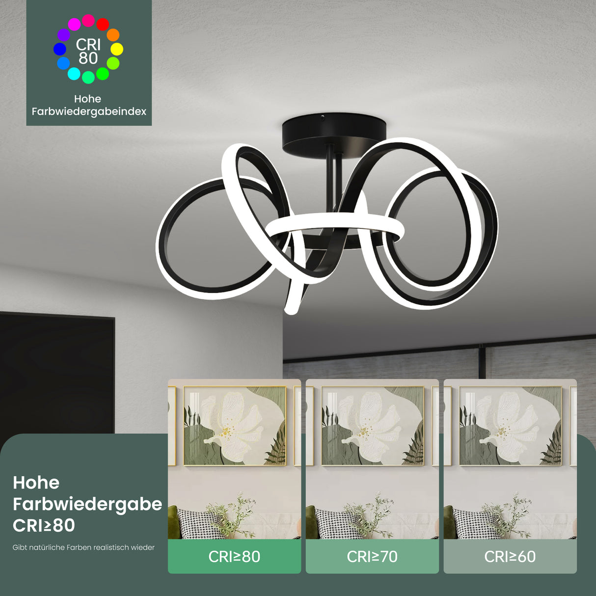 glasvilla LED Deckenleuchte Deckenlampe mit Fernbedienung, Stufenlos dimmbar 3000-6400K, flimmerfreie Zimmerlampe 65W Schwarz für Schlafzimmer, Wohnzimmer, Arbeitszimmer, Flur