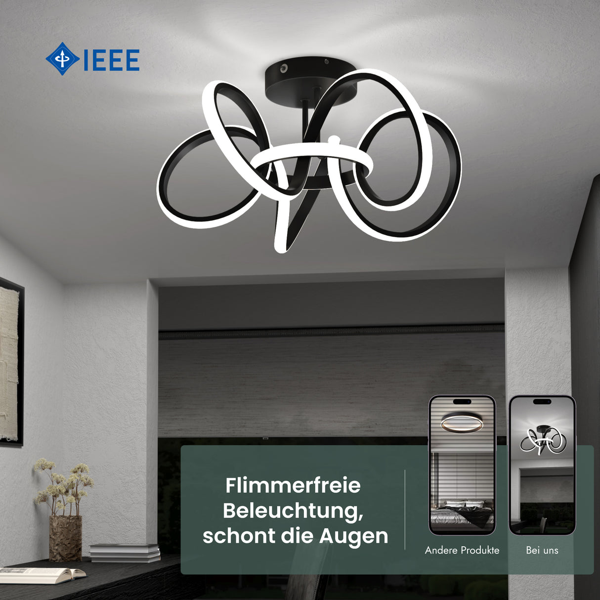 glasvilla LED Deckenleuchte Deckenlampe mit Fernbedienung, Stufenlos dimmbar 3000-6400K, flimmerfreie Zimmerlampe 65W Schwarz für Schlafzimmer, Wohnzimmer, Arbeitszimmer, Flur