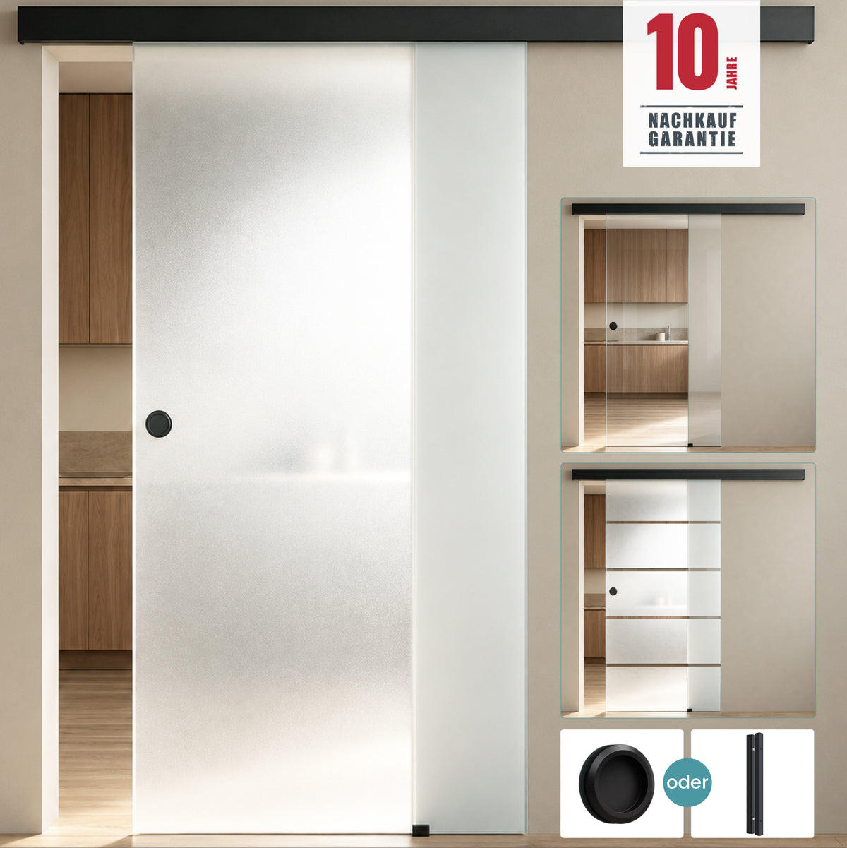 glasvilla Porta Scorrevole in Vetro 8 mm, Porta Scorrevole in Vetro di Sicurezza ESG con Binario e Maniglia, Distanza dalla Parete 25 mm, Amalfi Schwarz