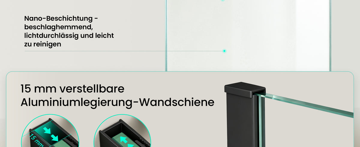 glasvilla Duschwand für Dusche Duschabtrennung Walk-In Dusche Duschtrennwand Schwarz 10mm ESG-Sicherheitsglas NANO Klarglas BRAM1/BRAM3 Bremen02K