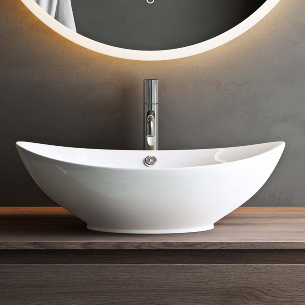 Lavabo Glasvilla da appoggio ovale in ceramica 59x38cm, mobiletto lavabo con rivestimento nano Br818