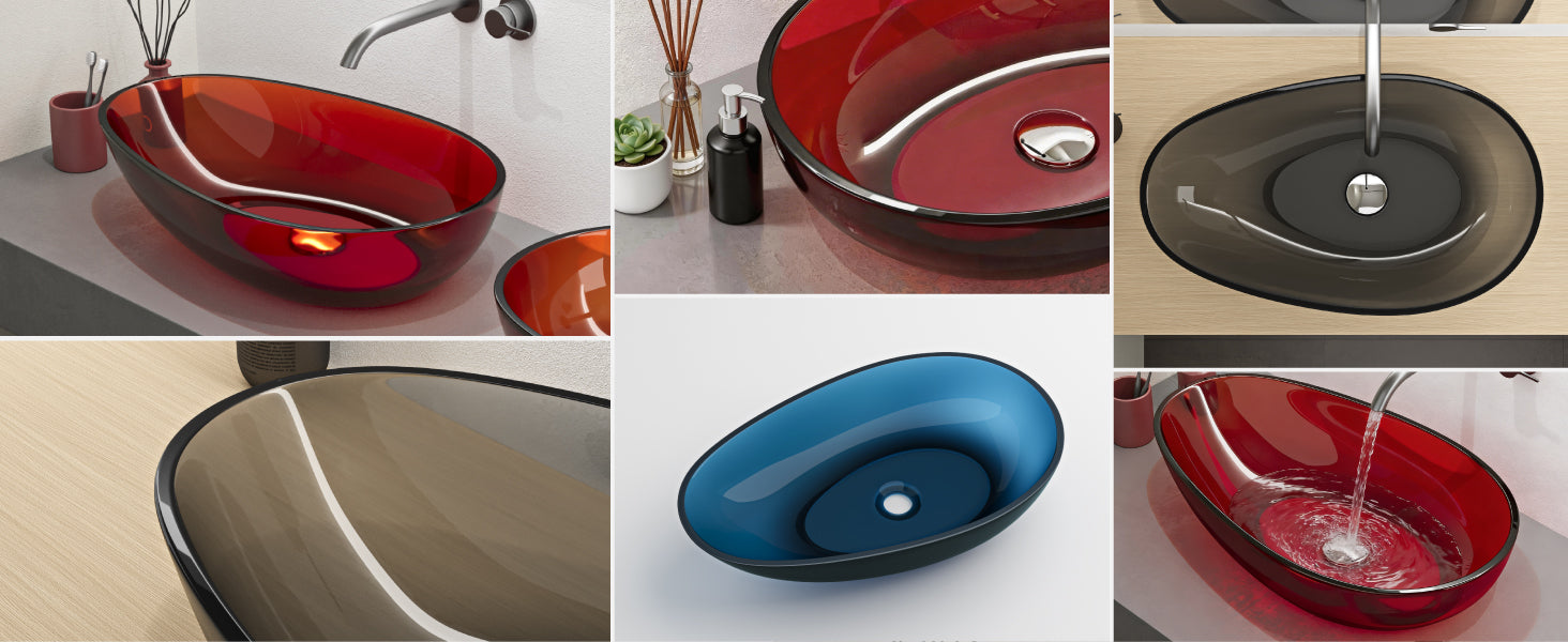 glasvilla Lavabo da Appoggio in Resina 60x36x14cm, Lavabo da Bagno Ovale Senza Foro Rubinetto e Troppopieno, Coloria04