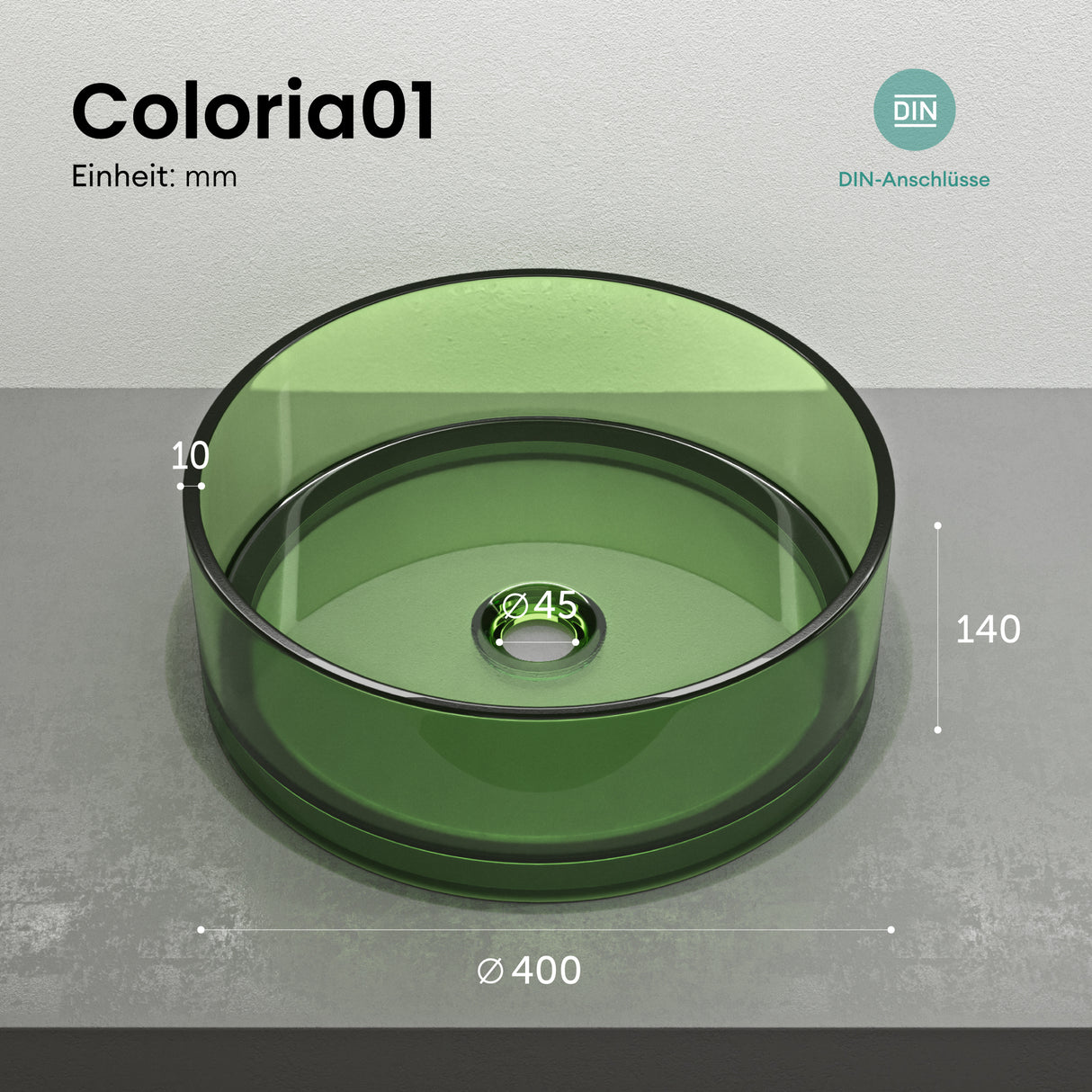 glasvilla Lavabo da Appoggio in Resina, Lavabo da Bagno senza Foro Rubinetto e Troppopieno, Coloria01