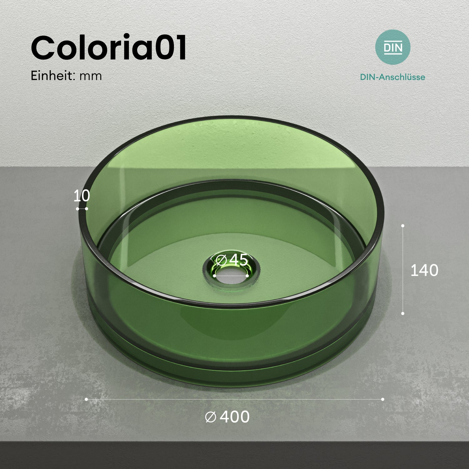 glasvilla Lavabo da Appoggio in Resina, Lavabo da Bagno senza Foro Rubinetto e Troppopieno, Coloria01