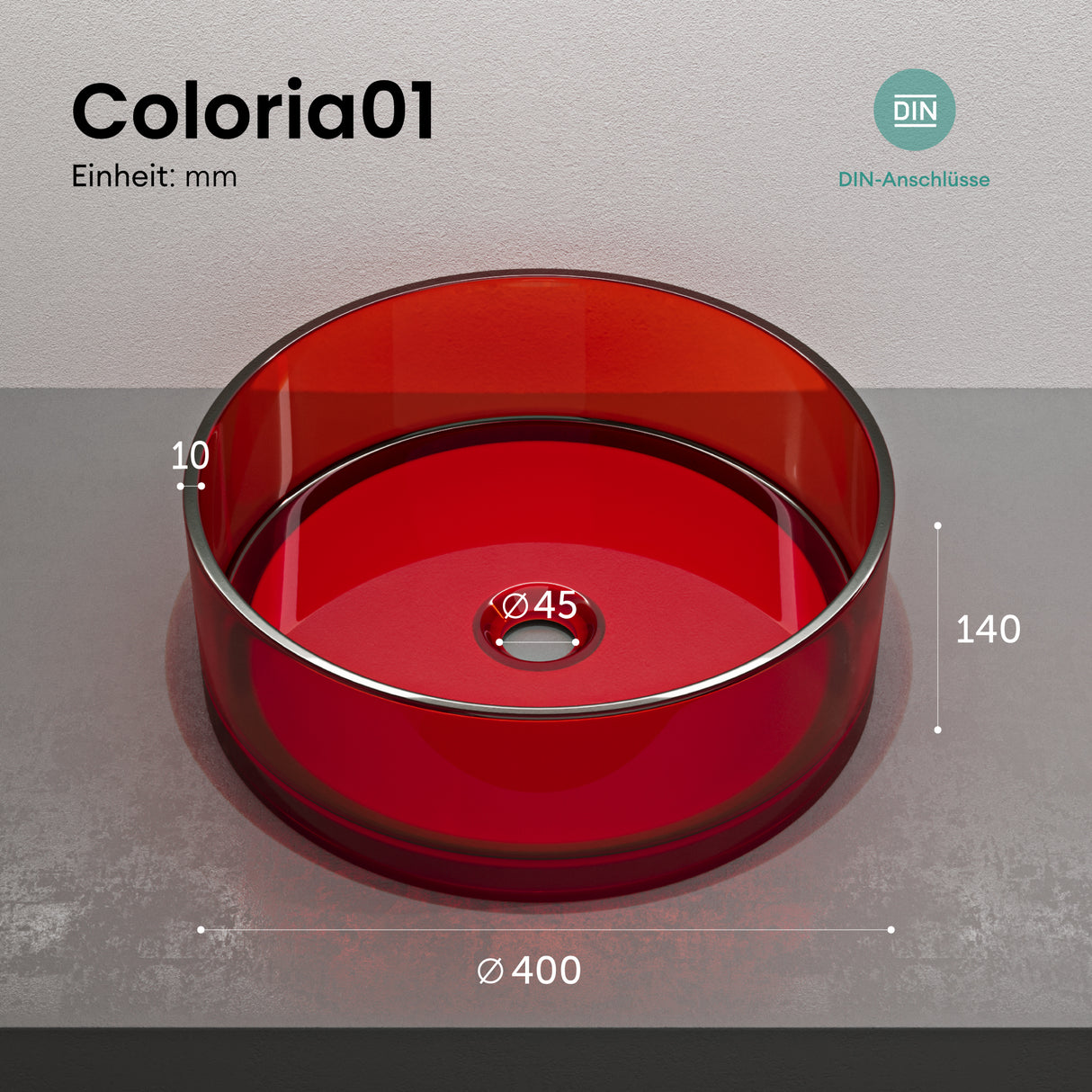 glasvilla Lavabo da Appoggio in Resina, Lavabo da Bagno senza Foro Rubinetto e Troppopieno, Coloria01