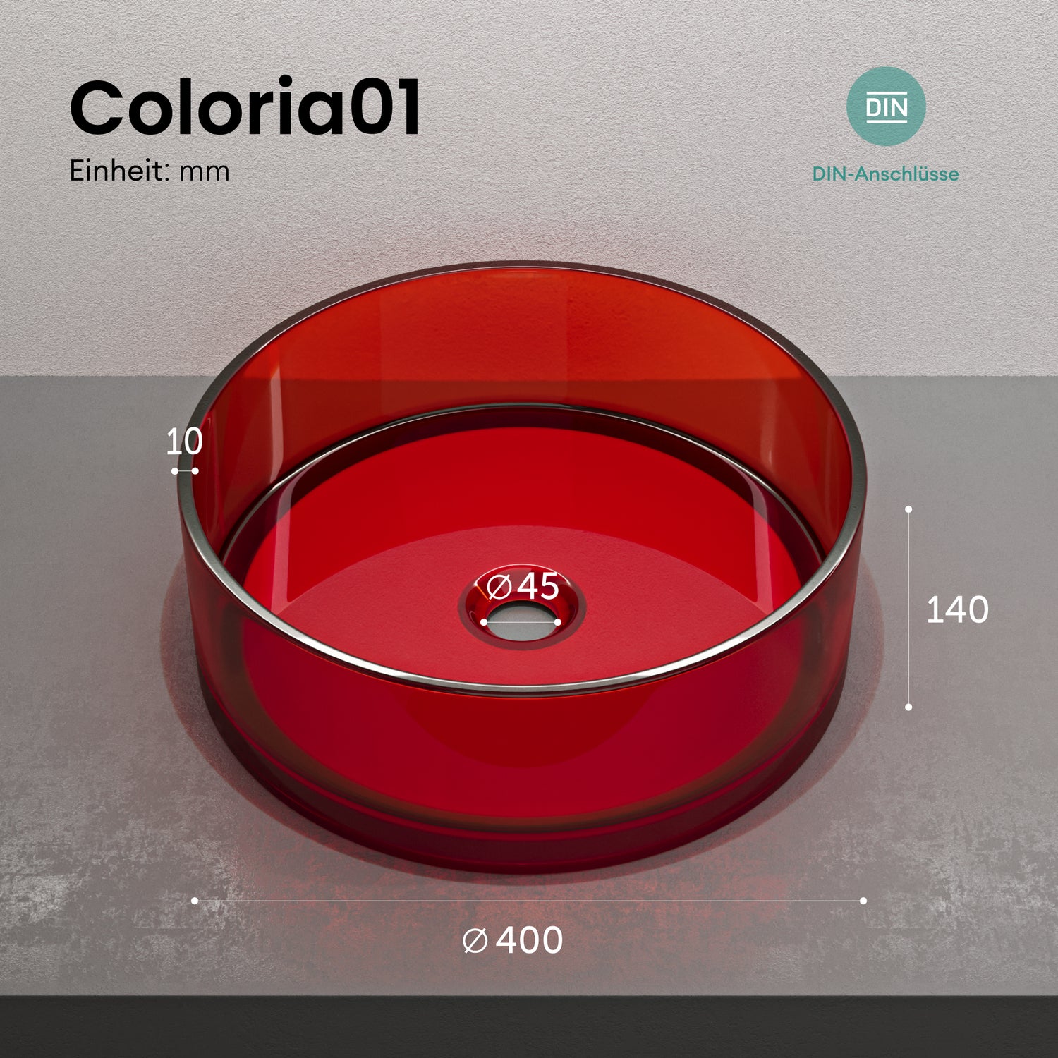 glasvilla Lavabo da Appoggio in Resina, Lavabo da Bagno senza Foro Rubinetto e Troppopieno, Coloria01