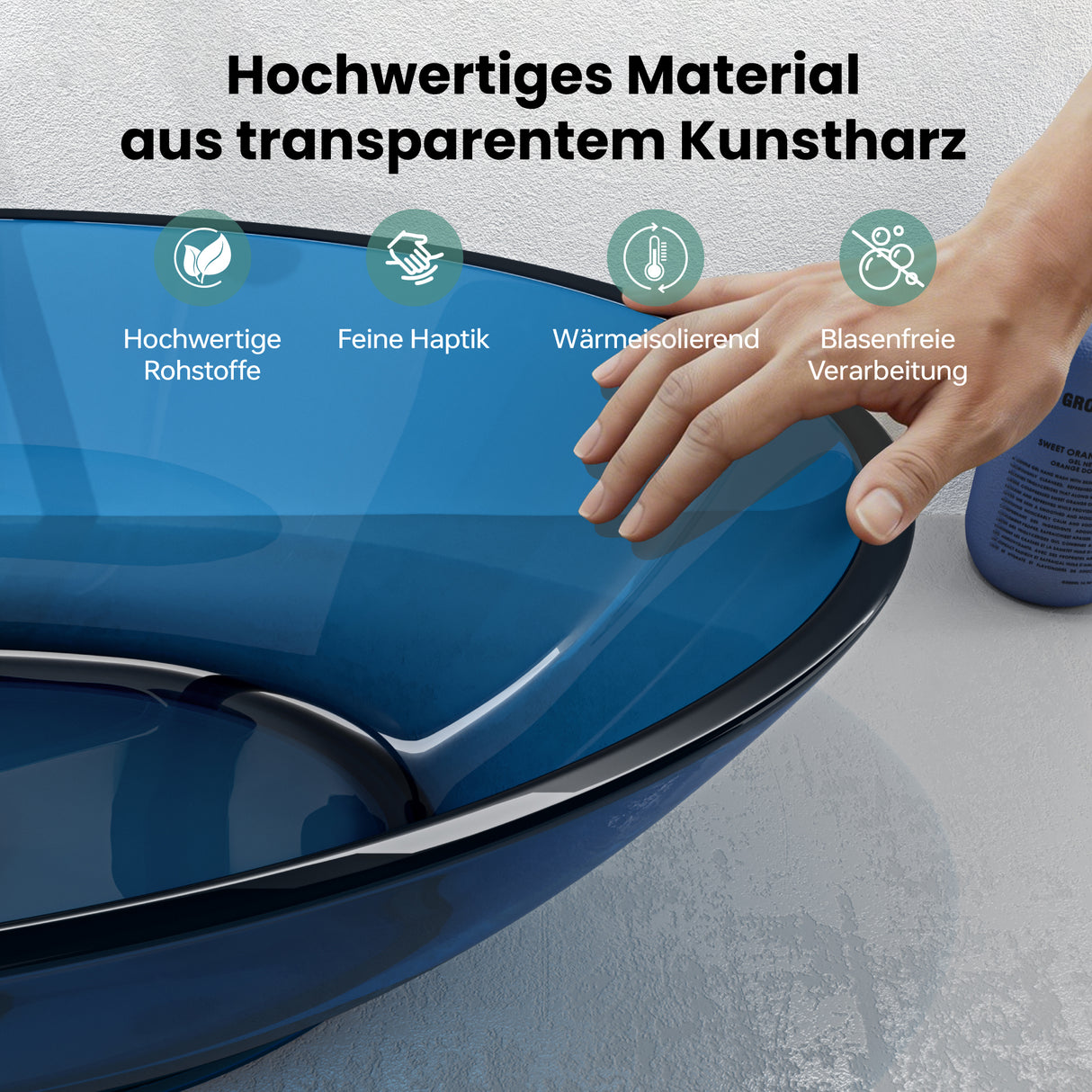 glasvilla Lavabo da Appoggio in Resina 63x34x17cm, Lavabo da Bagno Ovale senza Foro Rubinetto e Troppopieno, Coloria02